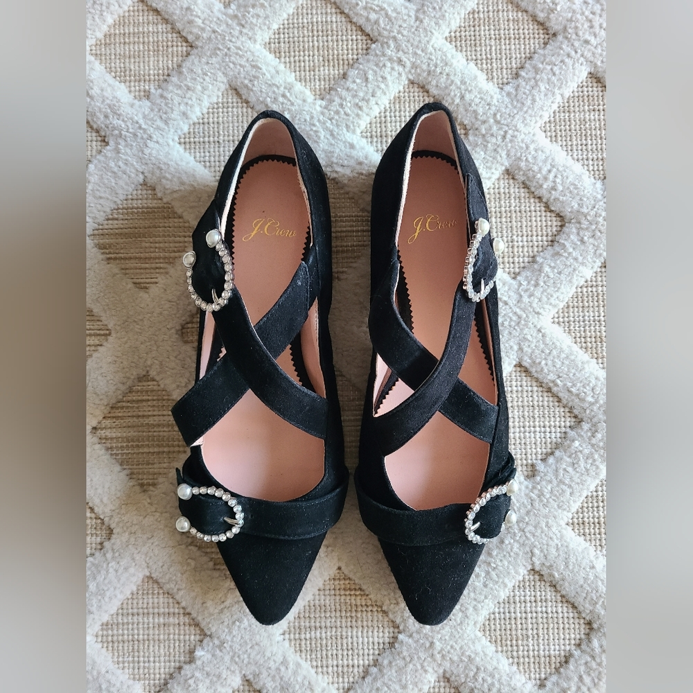 J.Crew Marina Black Suede Criss Cross Ballet Flats Rhinestones & Pearls Size 7 - Picture 3 of 9